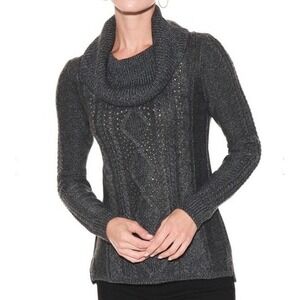 WHBM Gray‎ Heather Asphalt Cowl Neck Embellished Cable Knit Sweater S Winter